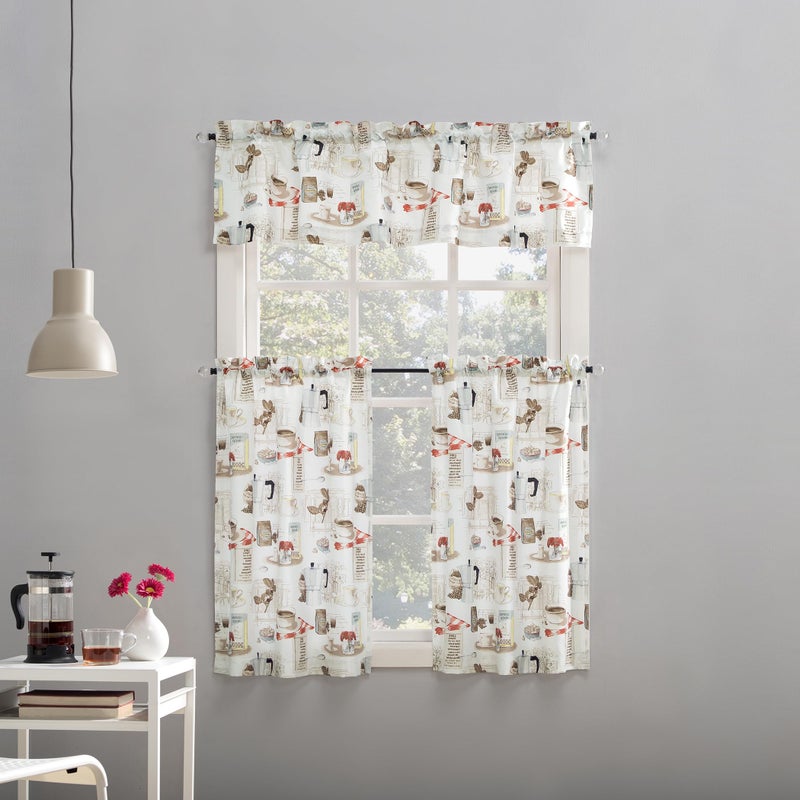 No. 918 Brew Coffee Shop Semi-Sheer Rod Pocket Kitchen Curtain Valance and Tiers Set, 54" x 36", White - Image 1